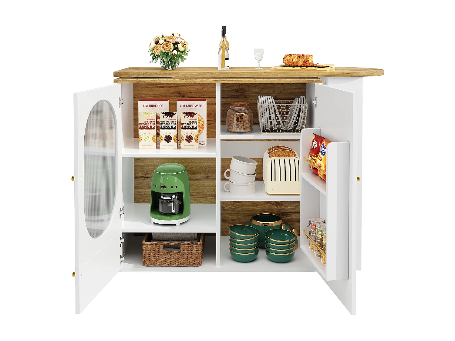 Meuble de bar blanc à 3 portes - Meuble de bar extensible avec étagères et rangements à 3 niveaux - séparateurs amovibles