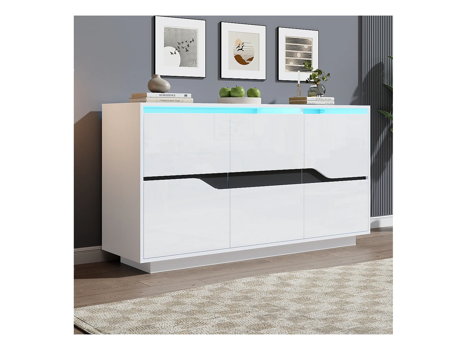 Buffet 3 portes - Meuble de salle à manger avec 5 séparateurs réglables - blanc + noir