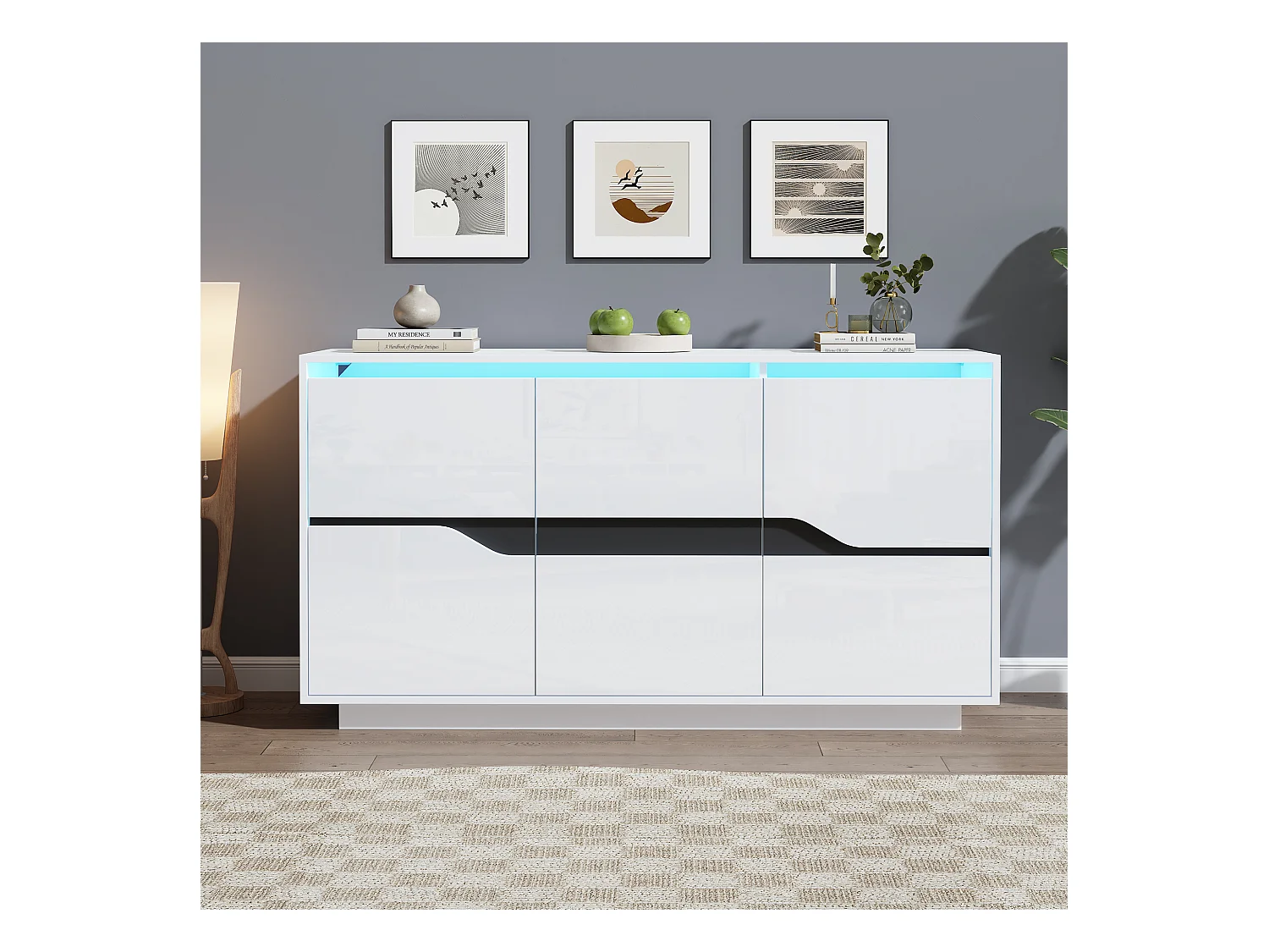 Buffet 3 portes - Meuble de salle à manger avec 5 séparateurs réglables - blanc + noir