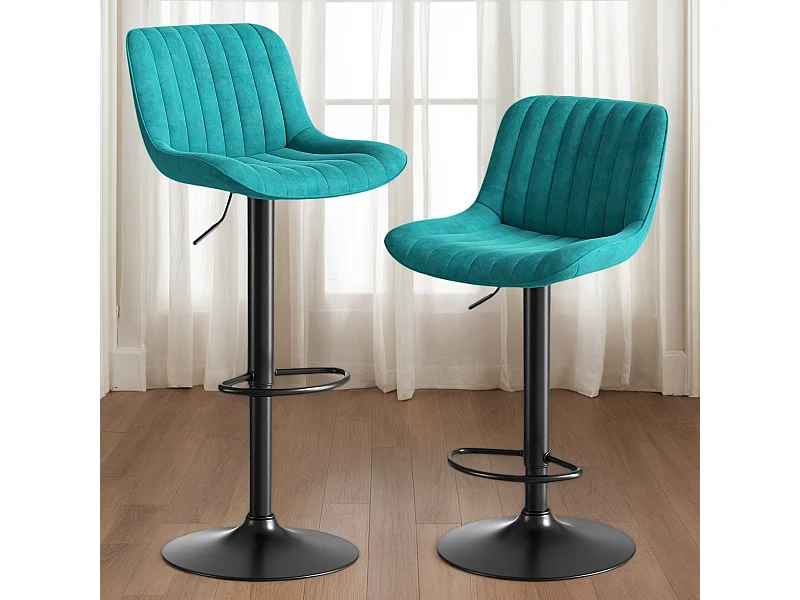 Lot de 2 tabourets de bar pivotants - hauteur réglable et pivotant à 360° - velours bleu