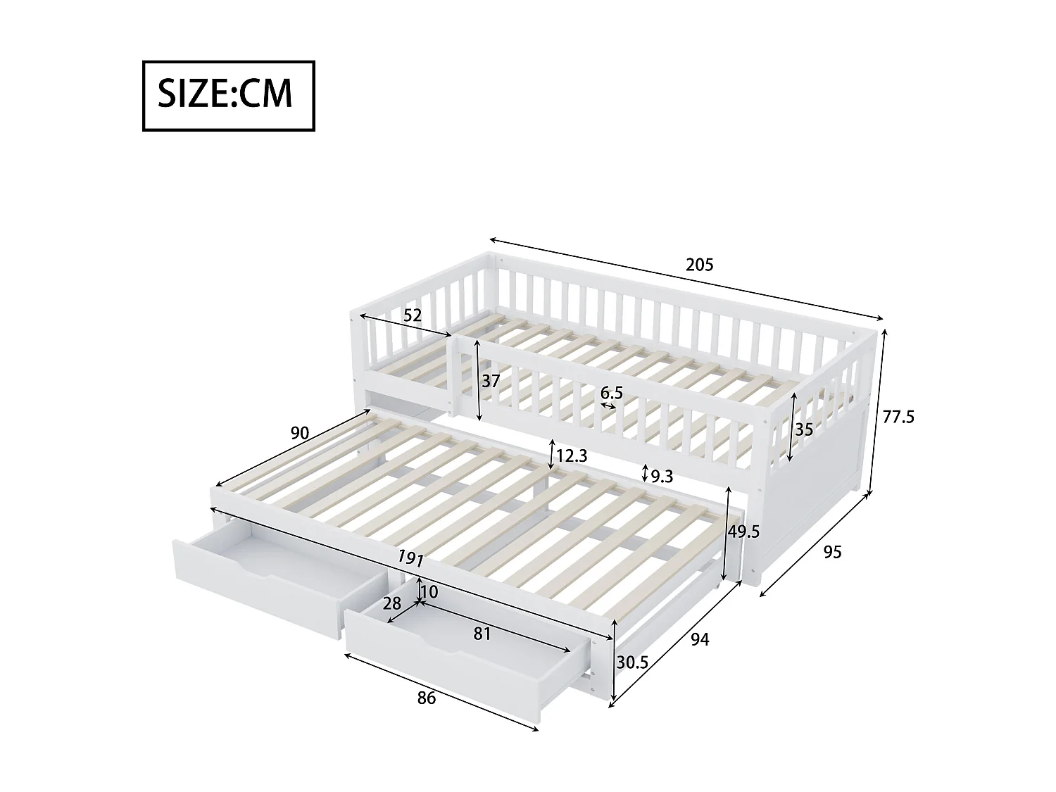 Ausziehbett 90 x 200 cm - Kinderbett mit 2 Schubladen und Absturzsicherung - Holz weiß