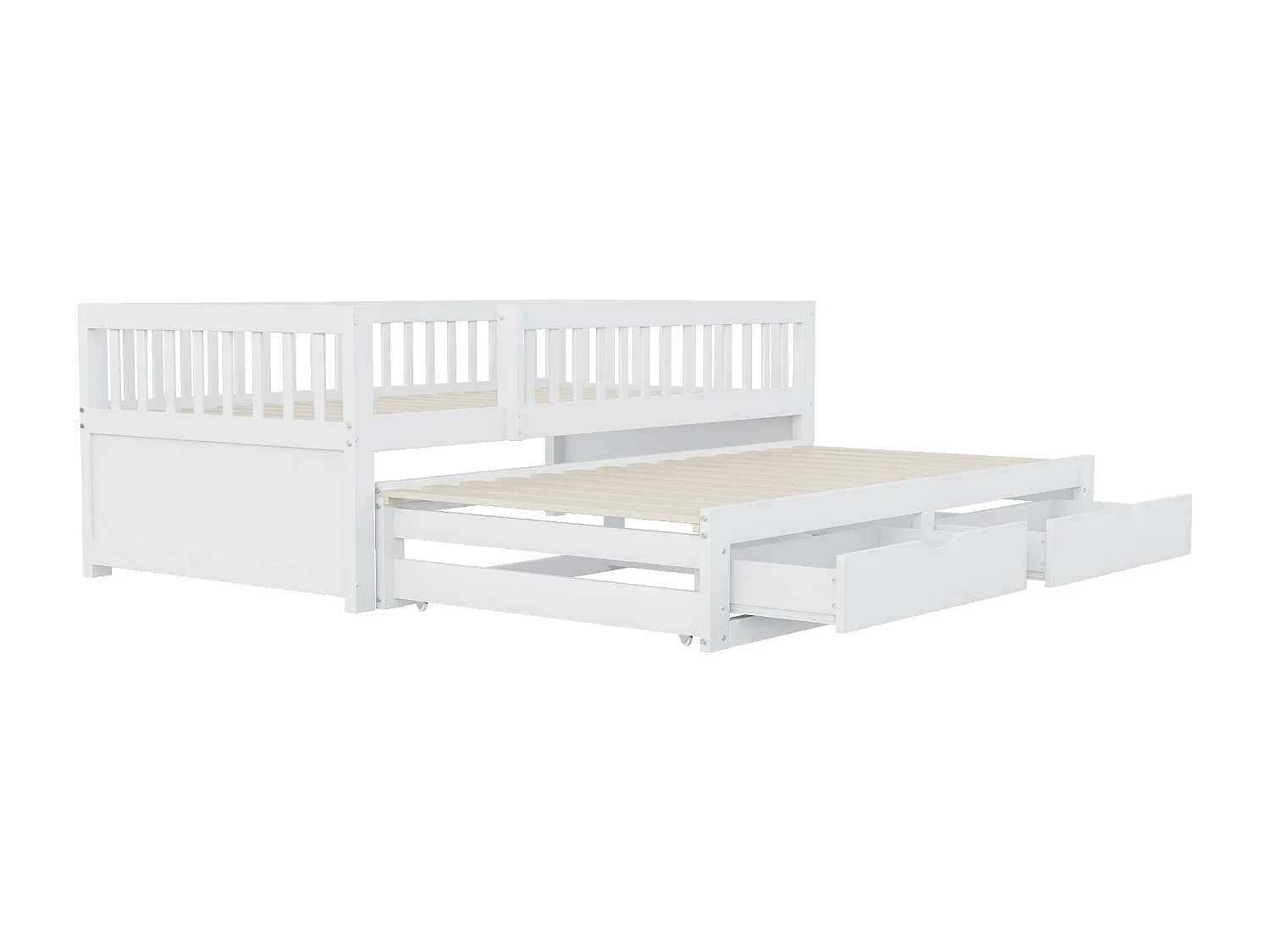 Ausziehbett 90 x 200 cm - Kinderbett mit 2 Schubladen und Absturzsicherung - Holz weiß