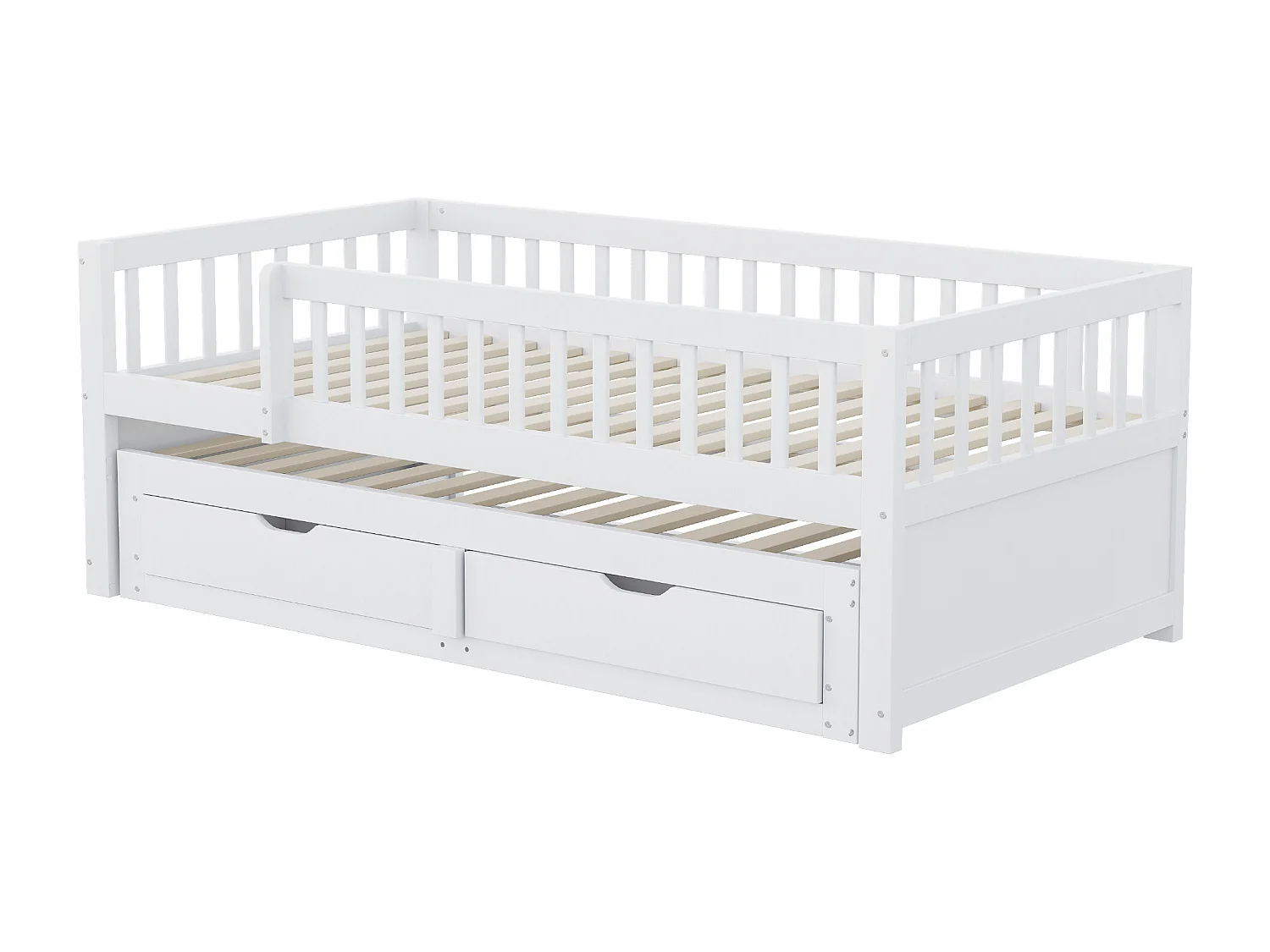 Ausziehbett 90 x 200 cm - Kinderbett mit 2 Schubladen und Absturzsicherung - Holz weiß