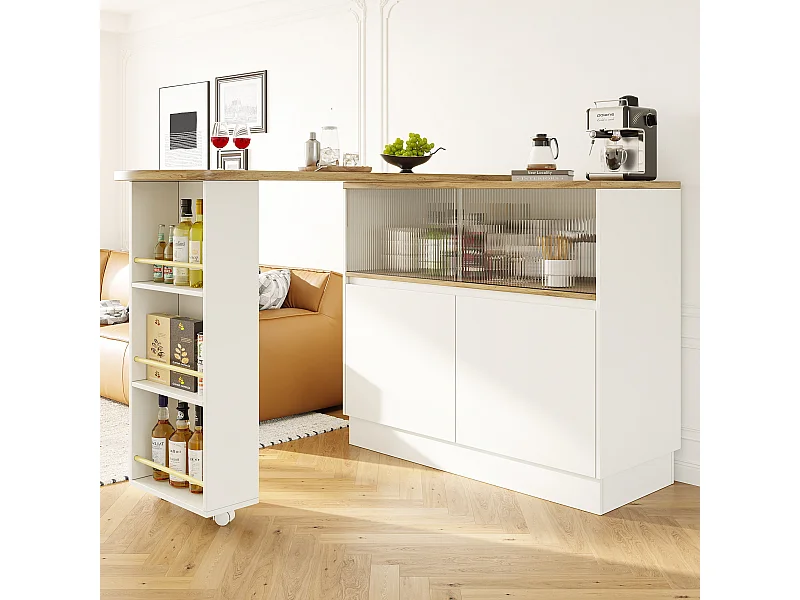 Meuble de bar à 2 portes - Meuble de bar extensible avec 2 portes coulissantes en verre et étagères ouvertes - blanc