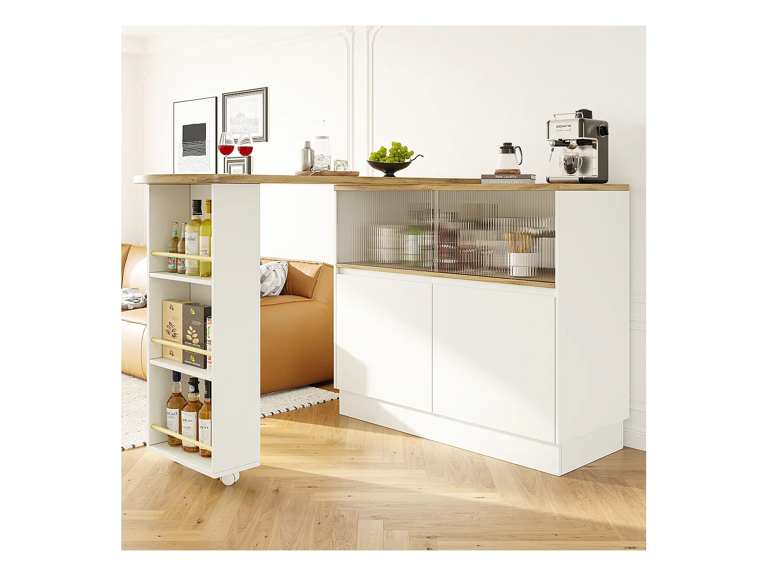 2-türiger Barschrank – Ausziehbarer Barschrank mit 2 Glasschiebetüren und offenen Regalen – weiß
