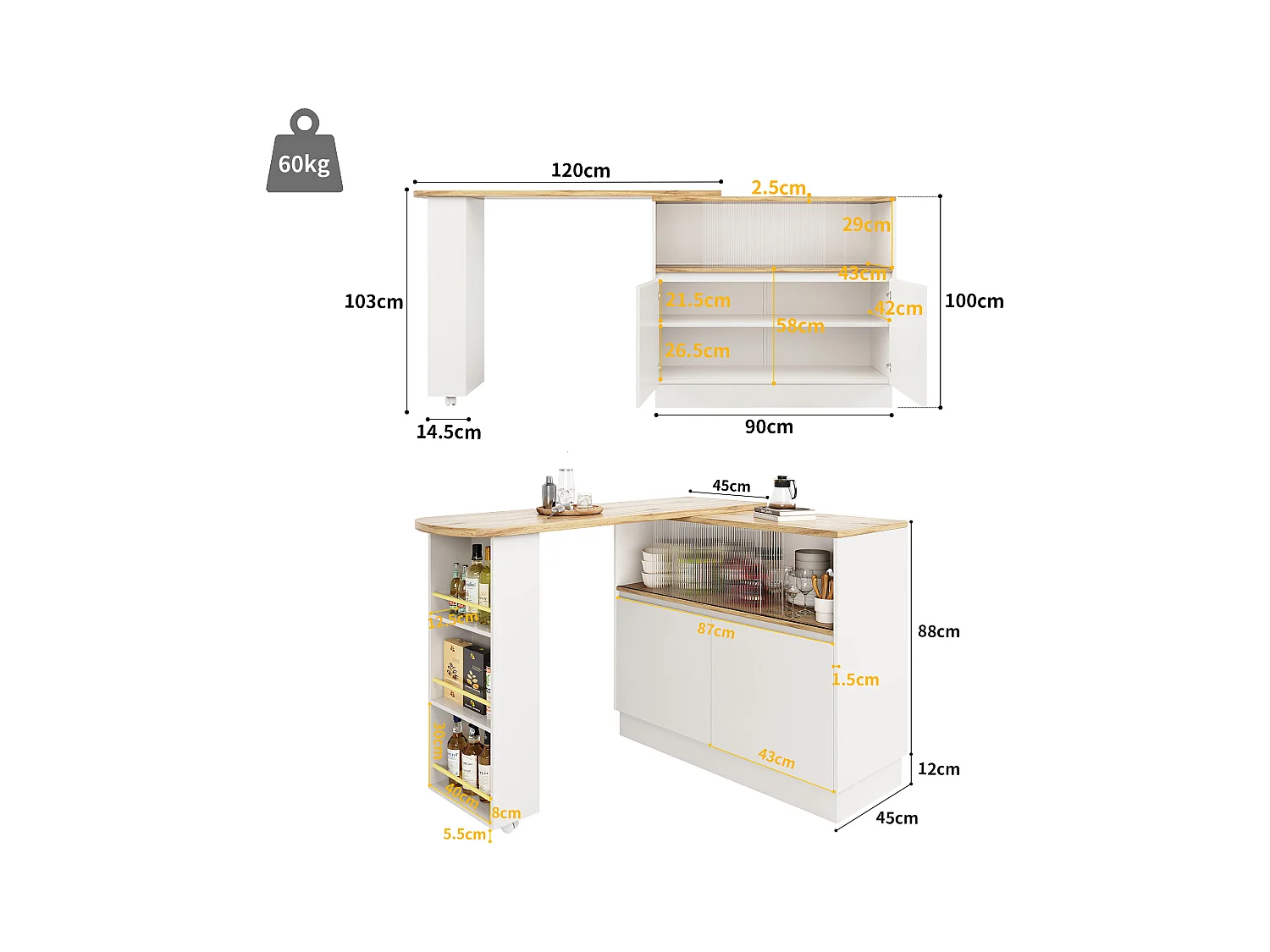Mobile bar a 2 ante - Mobile bar estensibile con 2 ante scorrevoli in vetro e ripiani aperti - bianco