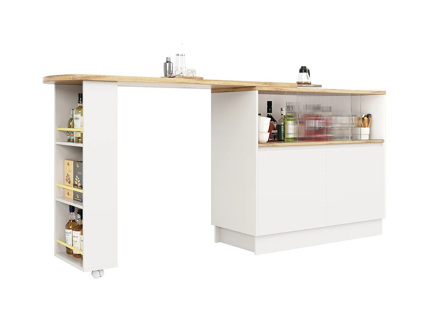 Mobile bar a 2 ante - Mobile bar estensibile con 2 ante scorrevoli in vetro e ripiani aperti - bianco