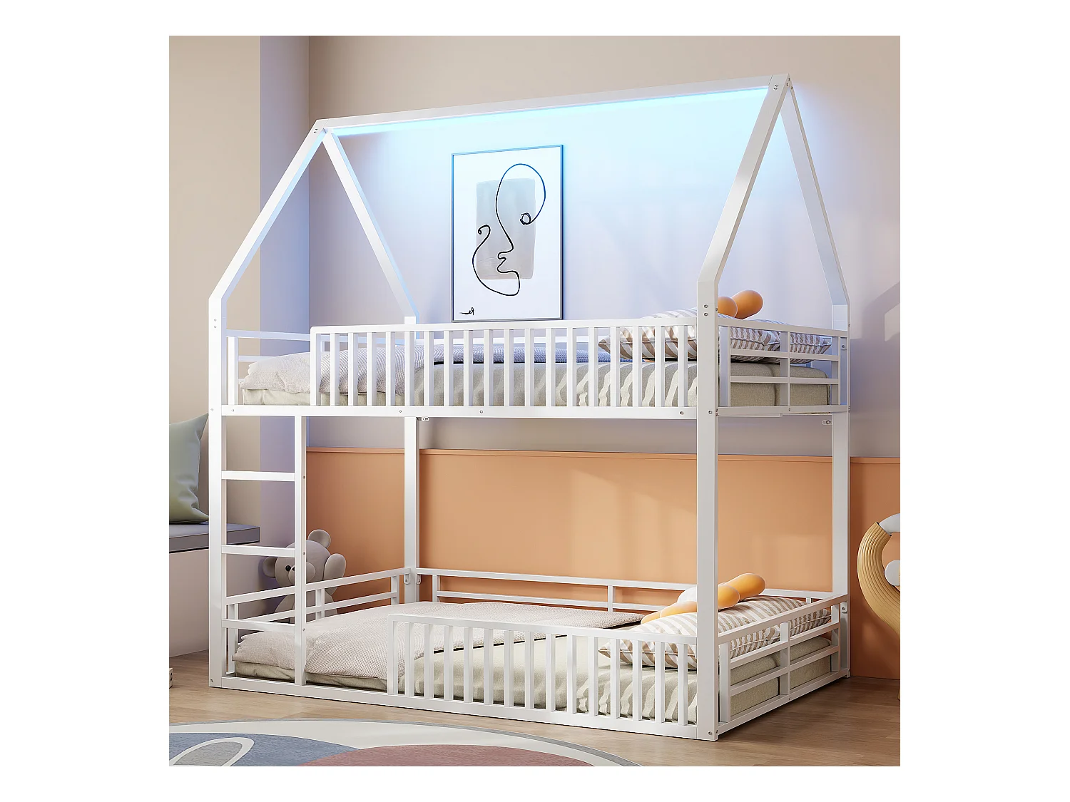 Lit superposé 140 x 200 cm - Lit double avec escalier et éclairage LED - avec barrières de sécurité - métal blanc