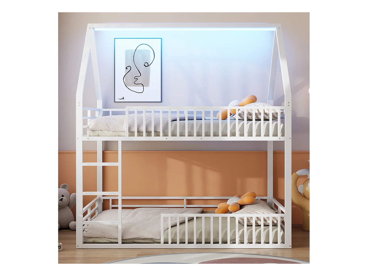 Lit superposé 140 x 200 cm - Lit double avec escalier et éclairage LED - avec barrières de sécurité - métal blanc