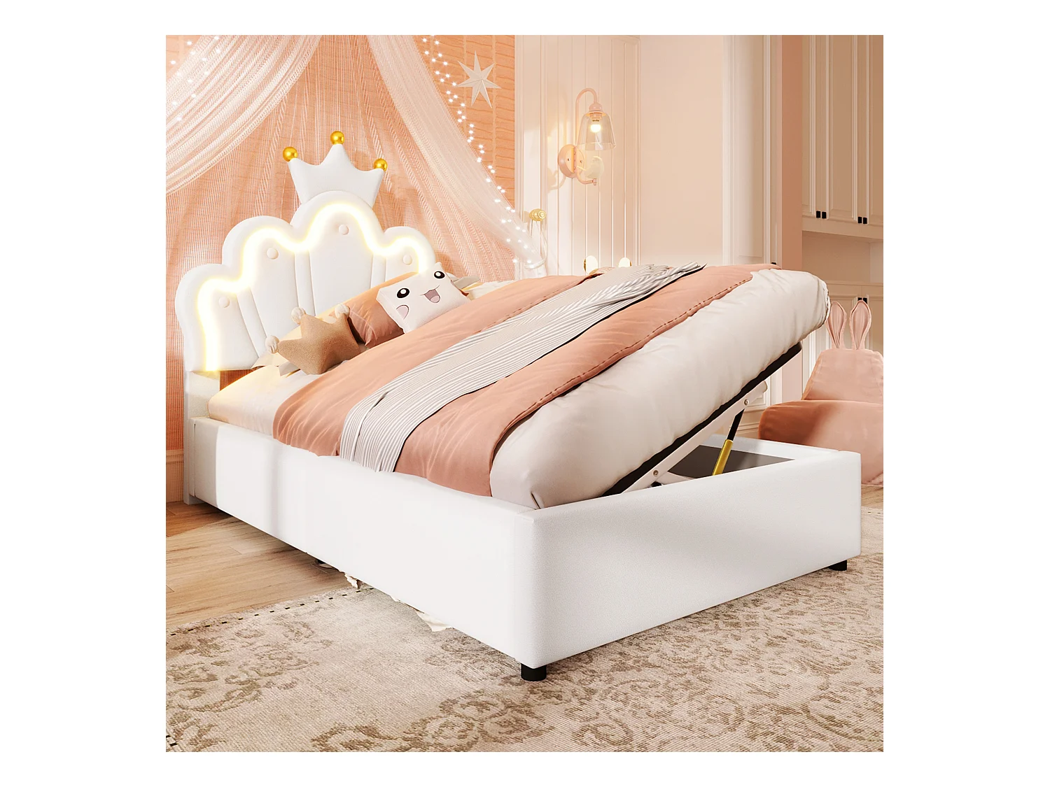 Lit coffre 90 x 200 cm - Lit enfant avec bande lumineuse LED et tête de lit en forme de couronne - PU blanc - sans matelas
