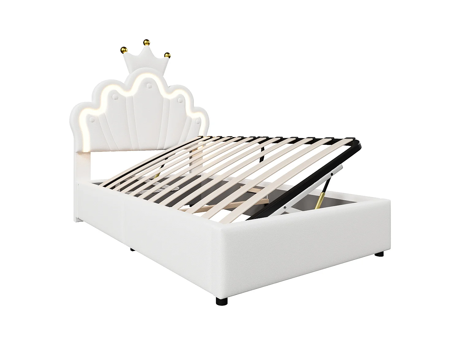 Lit coffre 90 x 200 cm - Lit enfant avec bande lumineuse LED et tête de lit en forme de couronne - PU blanc - sans matelas