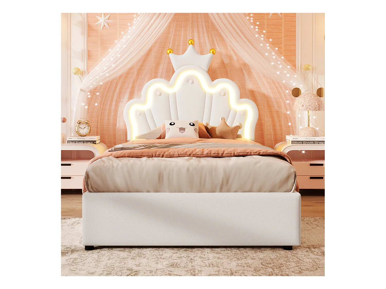 Lit coffre 90 x 200 cm - Lit enfant avec bande lumineuse LED et tête de lit en forme de couronne - PU blanc - sans matelas