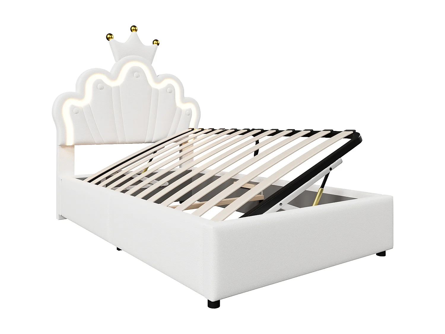 Lit coffre 90 x 200 cm - Lit enfant avec bande lumineuse LED et tête de lit en forme de couronne - PU blanc - sans matelas