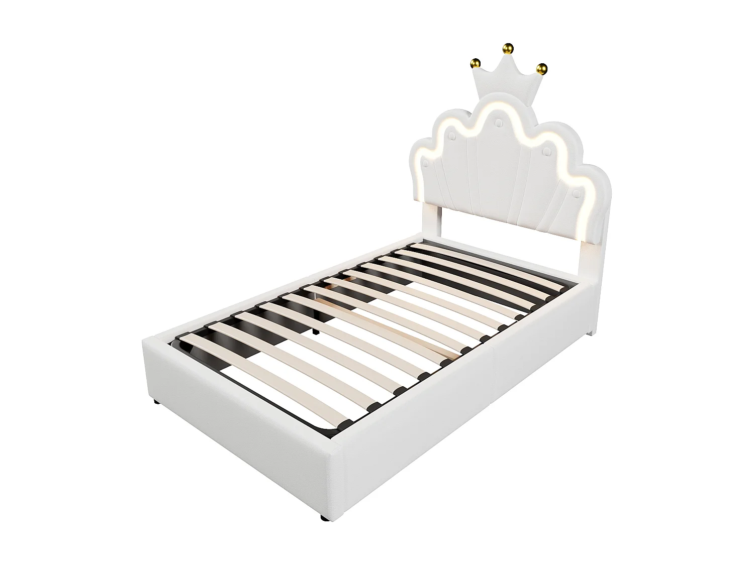 Lit coffre 90 x 200 cm - Lit enfant avec bande lumineuse LED et tête de lit en forme de couronne - PU blanc - sans matelas