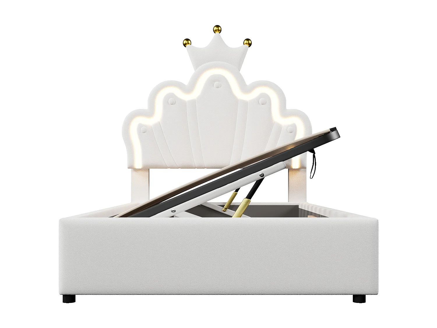 Lit coffre 90 x 200 cm - Lit enfant avec bande lumineuse LED et tête de lit en forme de couronne - PU blanc - sans matelas