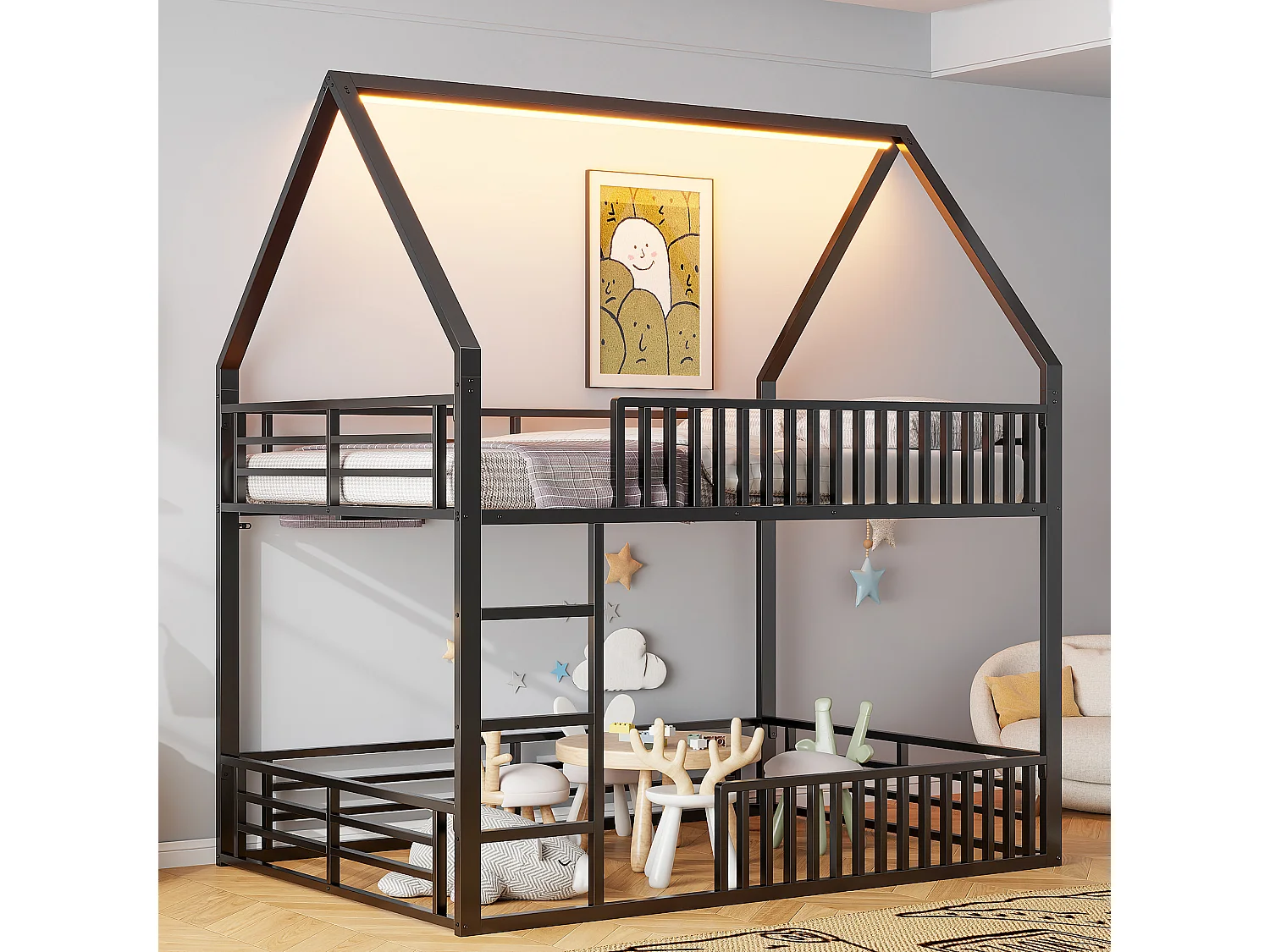 Beliche 140 x 200 cm - Cama de casal com escadas e iluminação LED - com grades de segurança - metal preto