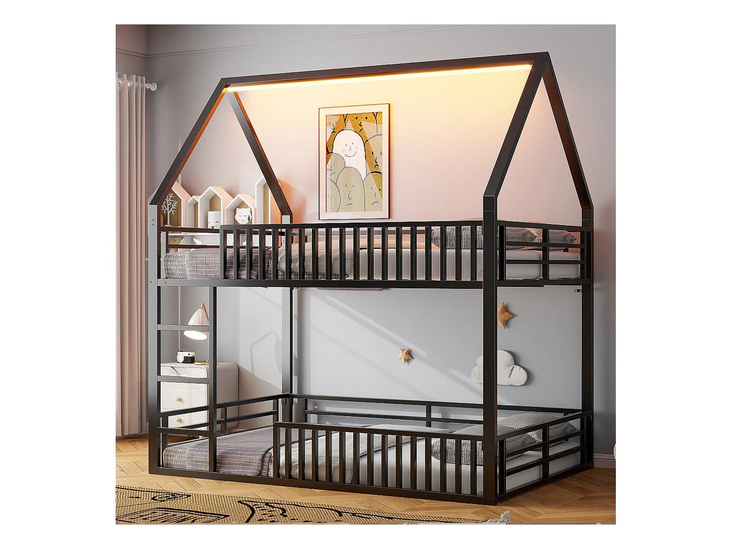 Lit superposé 140 x 200 cm - Lit double avec escalier et éclairage LED - avec barrières de sécurité - métal noir