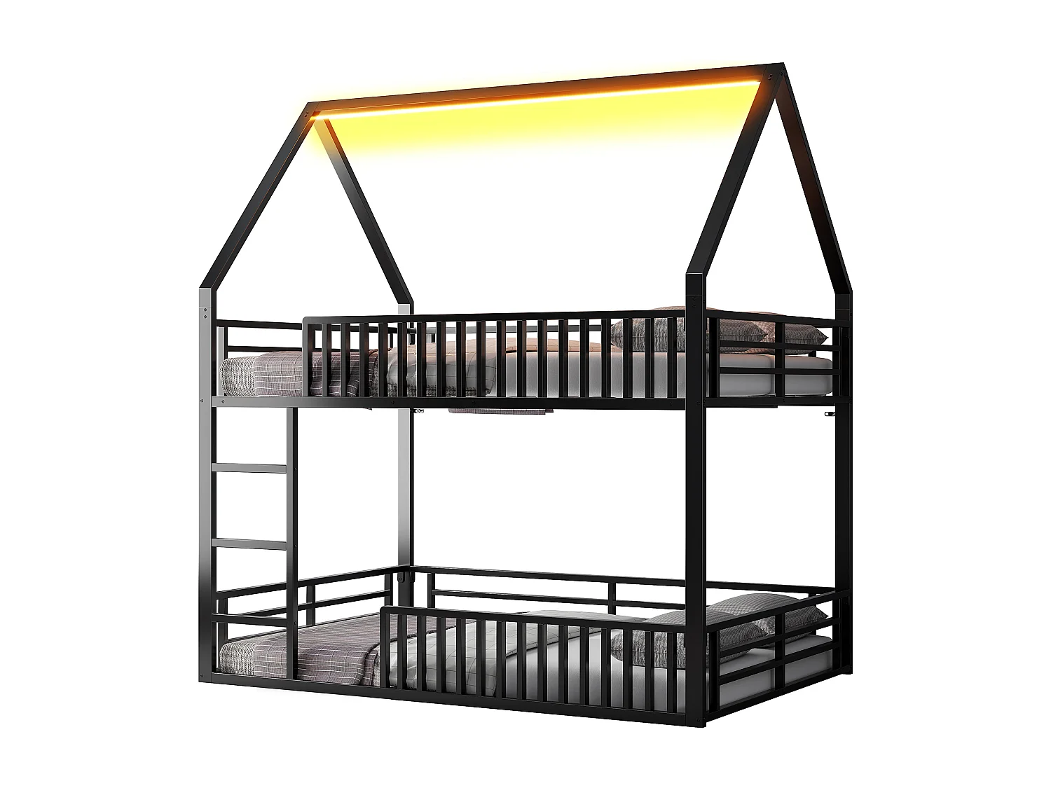 Lit superposé 140 x 200 cm - Lit double avec escalier et éclairage LED - avec barrières de sécurité - métal noir