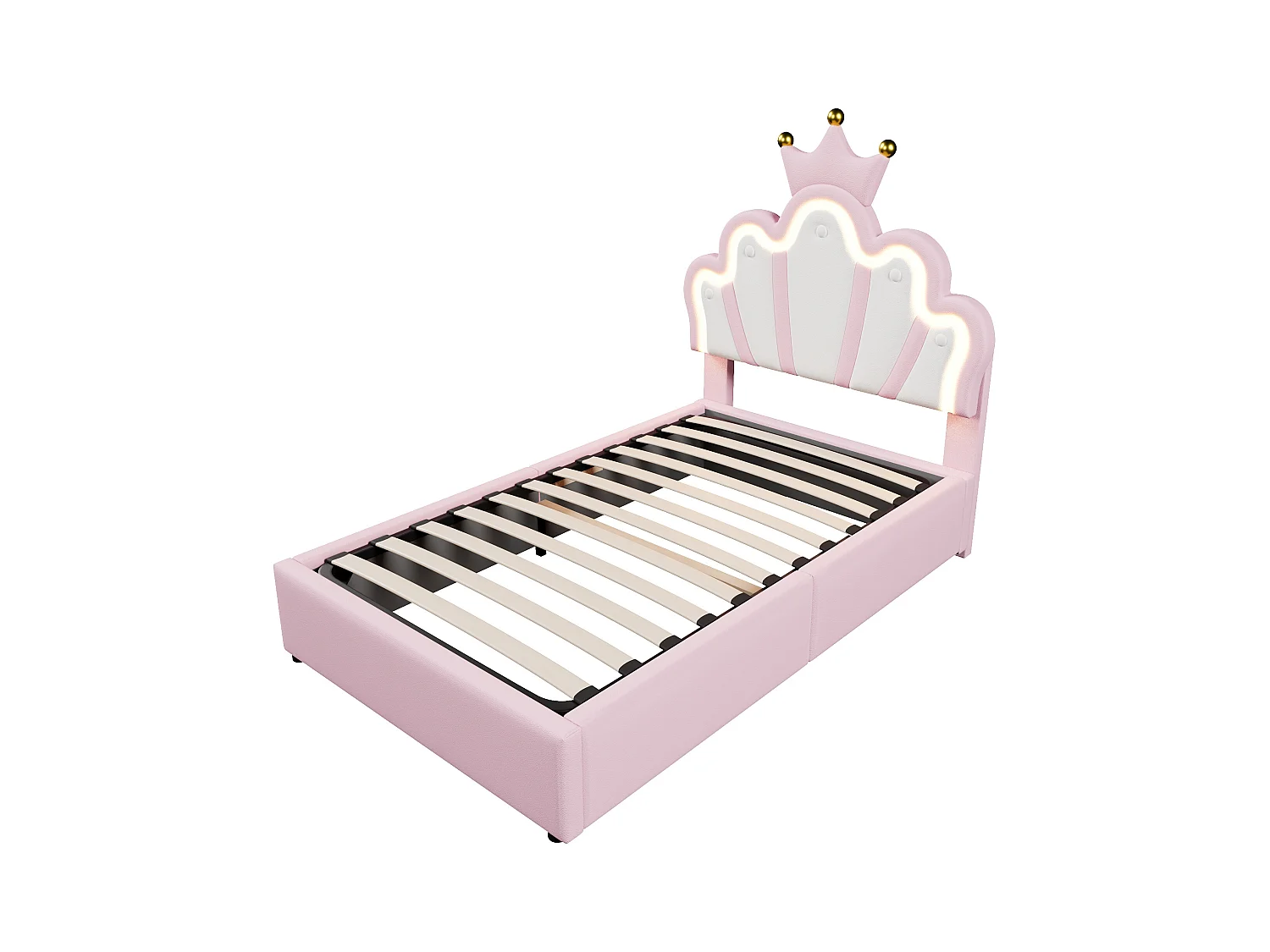 Lit coffre 90 x 200 cm - Lit enfant avec bande lumineuse LED et tête de lit en forme de couronne - PU rose - sans matelas