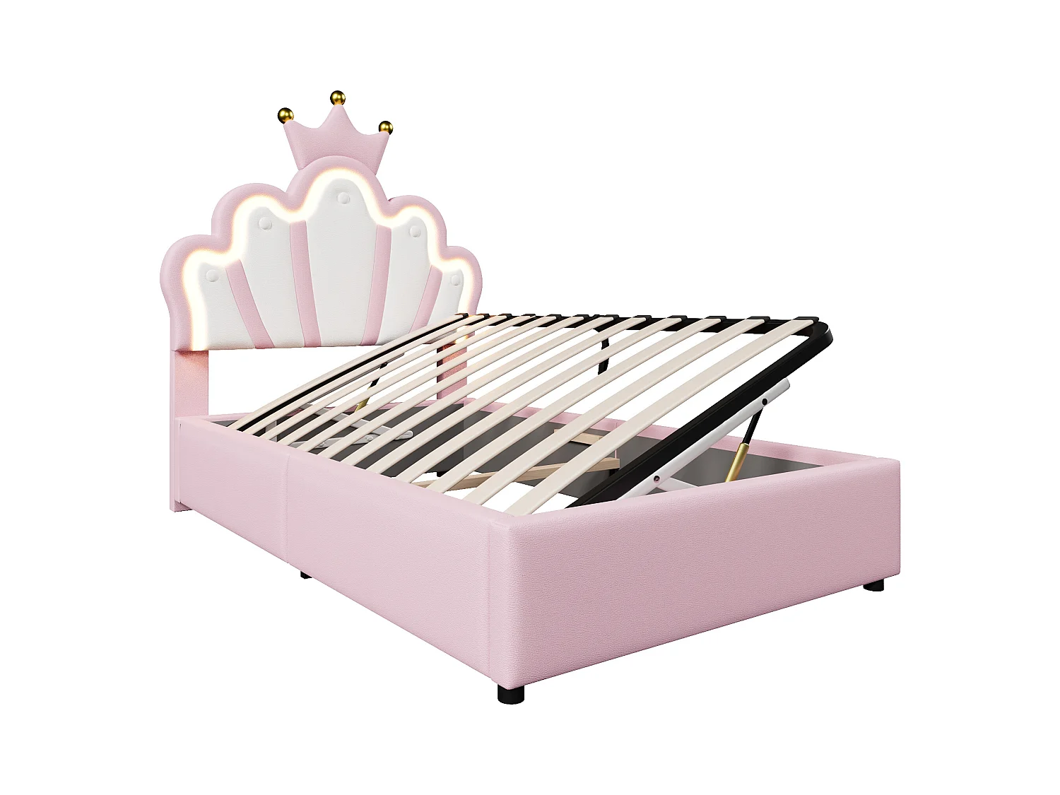 Lit coffre 90 x 200 cm - Lit enfant avec bande lumineuse LED et tête de lit en forme de couronne - PU rose - sans matelas