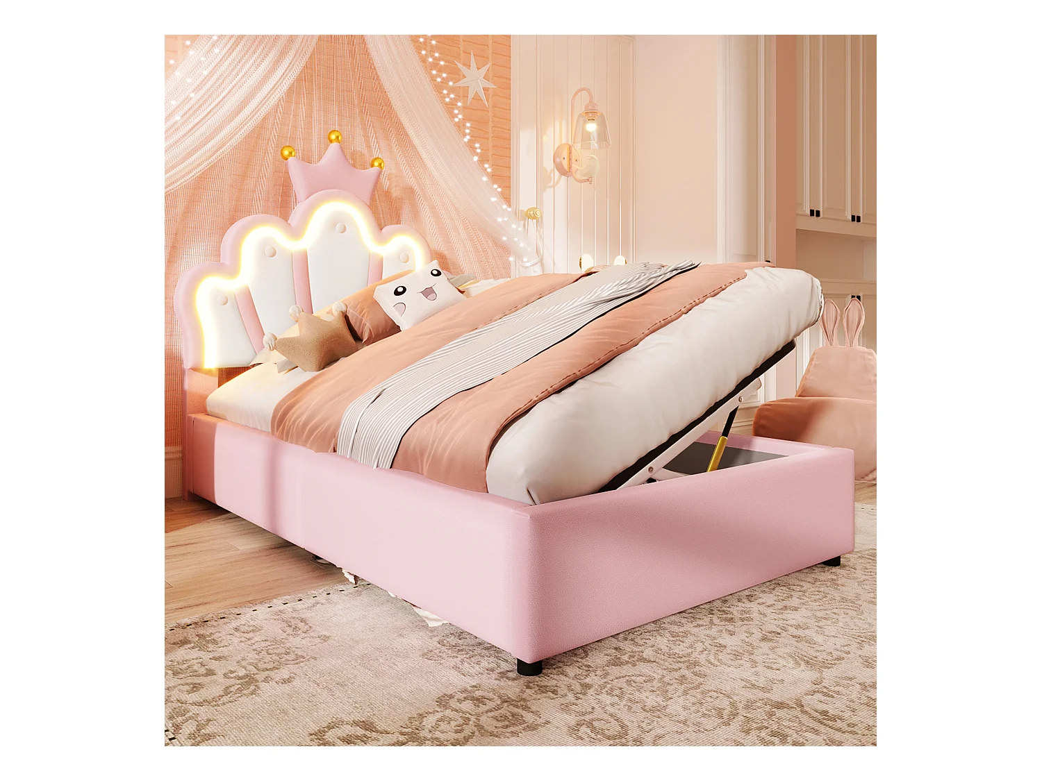 Lit coffre 90 x 200 cm - Lit enfant avec bande lumineuse LED et tête de lit en forme de couronne - PU rose - sans matelas