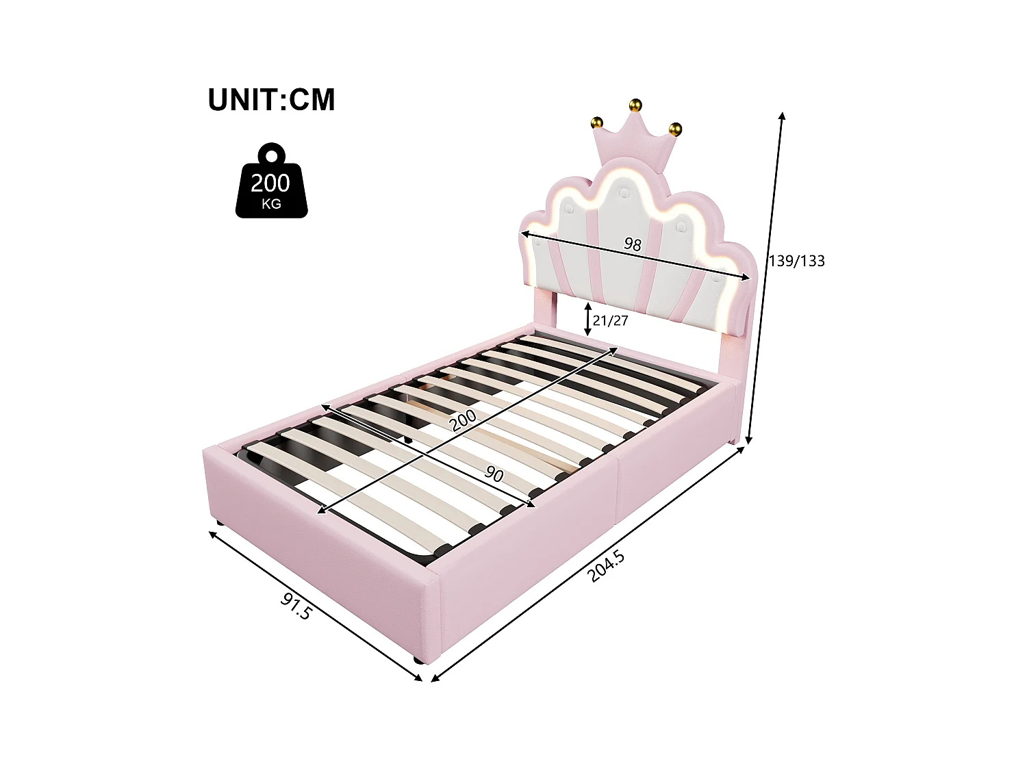Lit coffre 90 x 200 cm - Lit enfant avec bande lumineuse LED et tête de lit en forme de couronne - PU rose - sans matelas