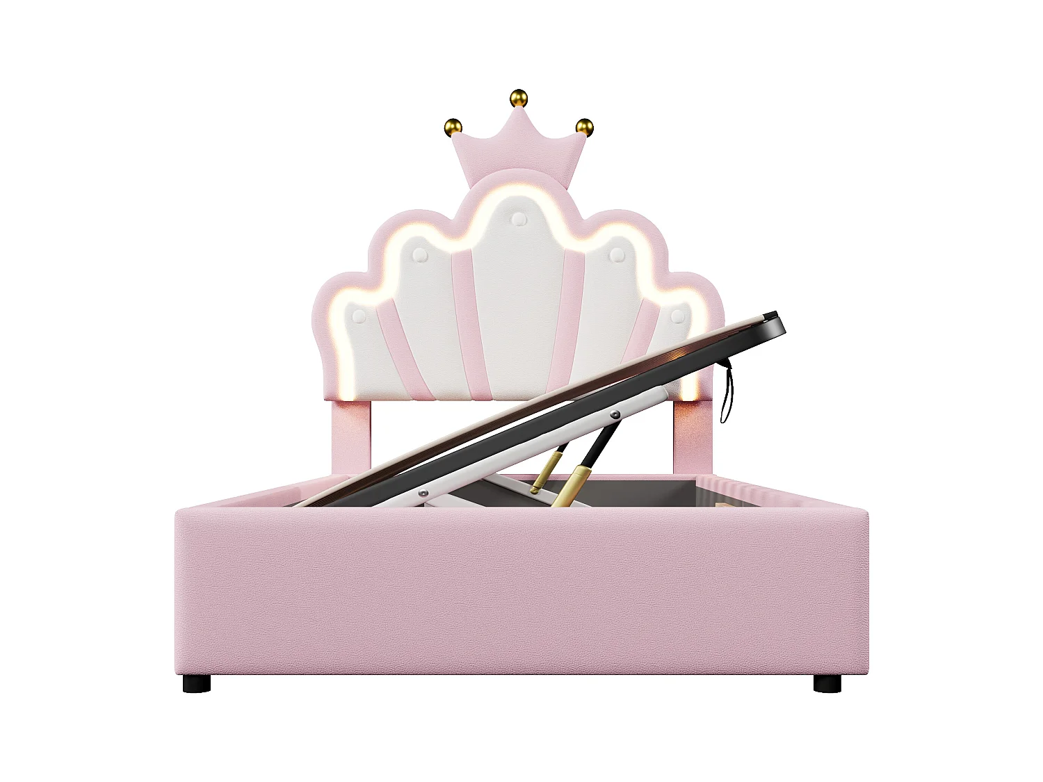 Lit coffre 90 x 200 cm - Lit enfant avec bande lumineuse LED et tête de lit en forme de couronne - PU rose - sans matelas
