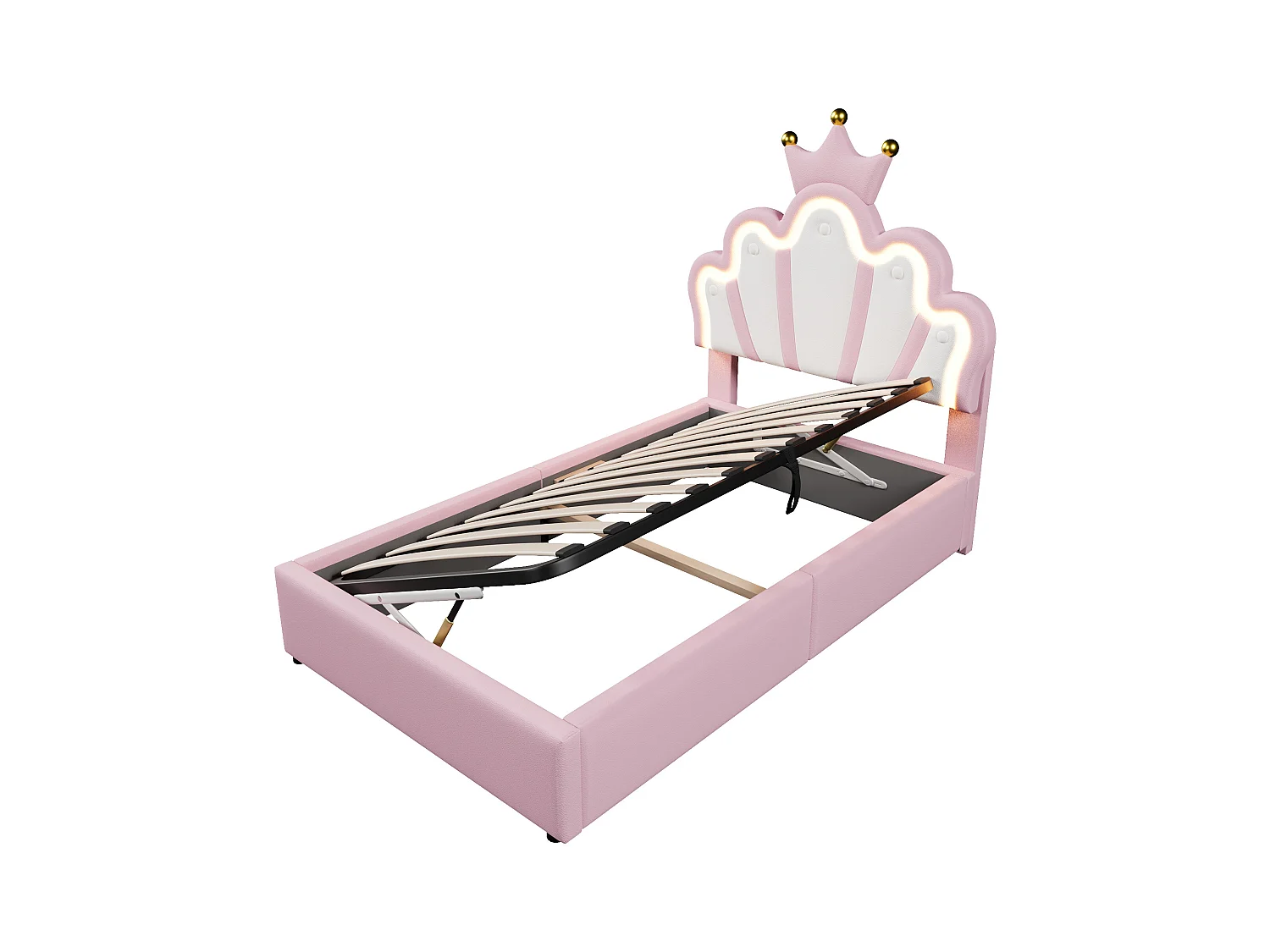 Lit coffre 90 x 200 cm - Lit enfant avec bande lumineuse LED et tête de lit en forme de couronne - PU rose - sans matelas