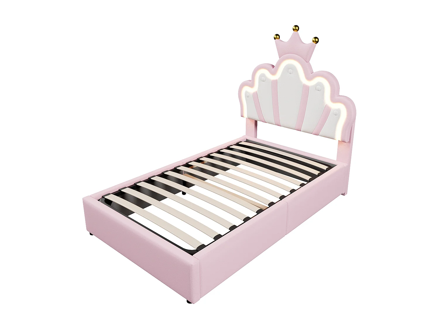 Lit coffre 90 x 200 cm - Lit enfant avec bande lumineuse LED et tête de lit en forme de couronne - PU rose - sans matelas