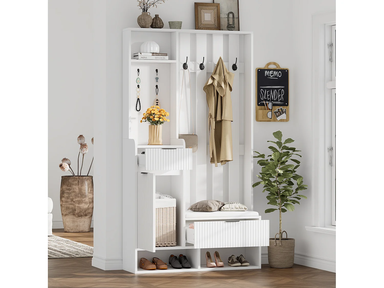 Porte manteau blanc avec 2 tiroirs - Vestiaire avec 8 crochets et 1 porte - banc à chaussures et 4 étagères ouvertes