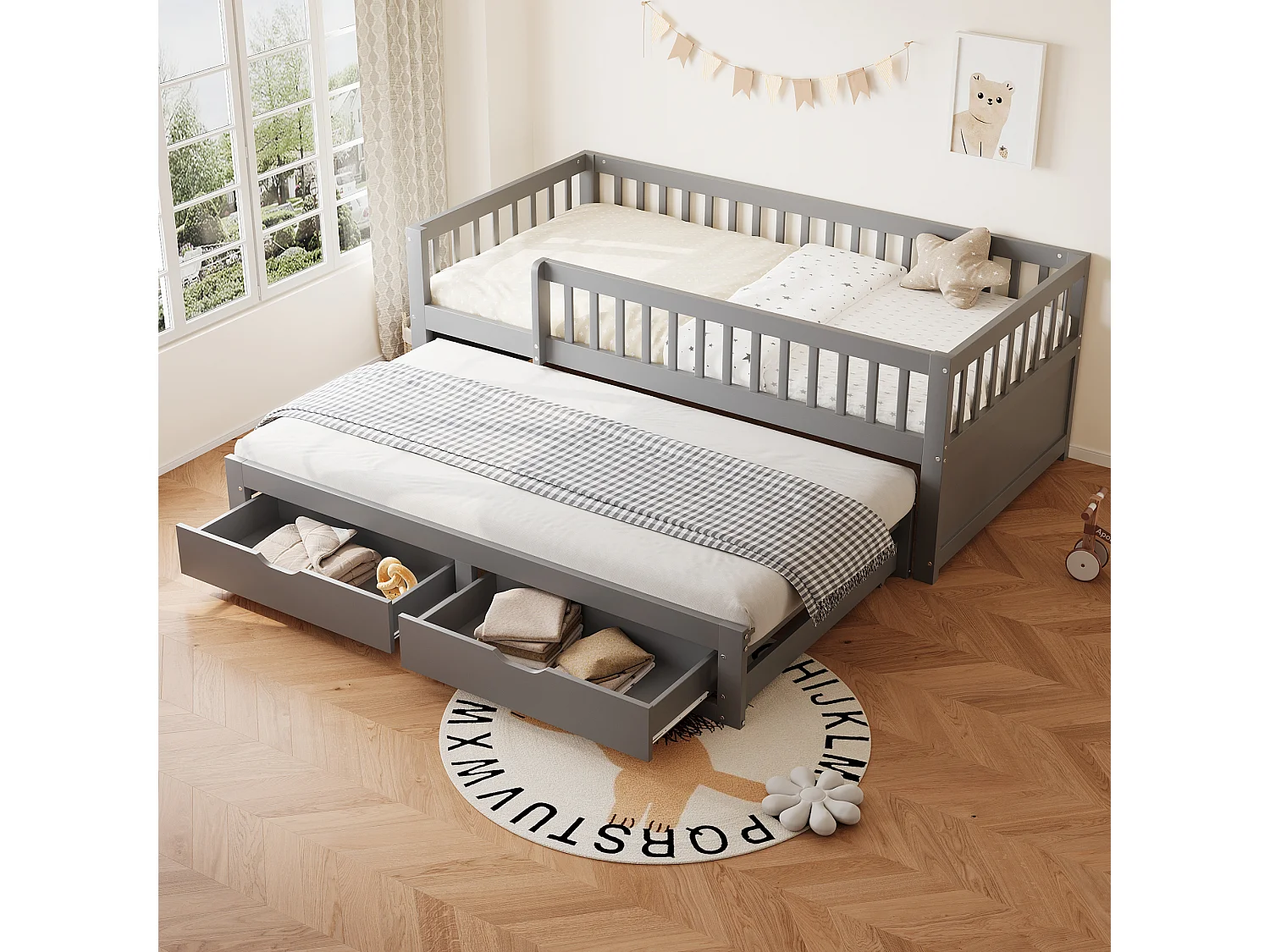 Uitschuifbed 90 x 200 cm - Kinderbed met 2 lades en uitvalbeveiliging - grijs hout