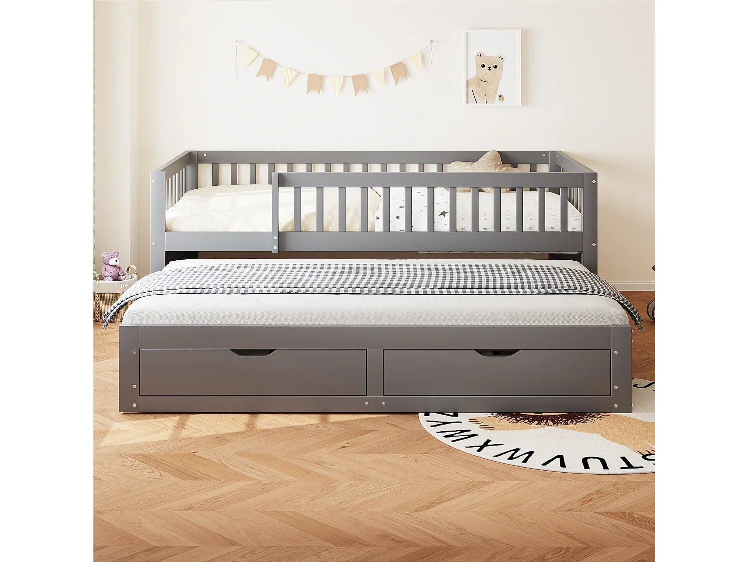 Uitschuifbed 90 x 200 cm - Kinderbed met 2 lades en uitvalbeveiliging - grijs hout