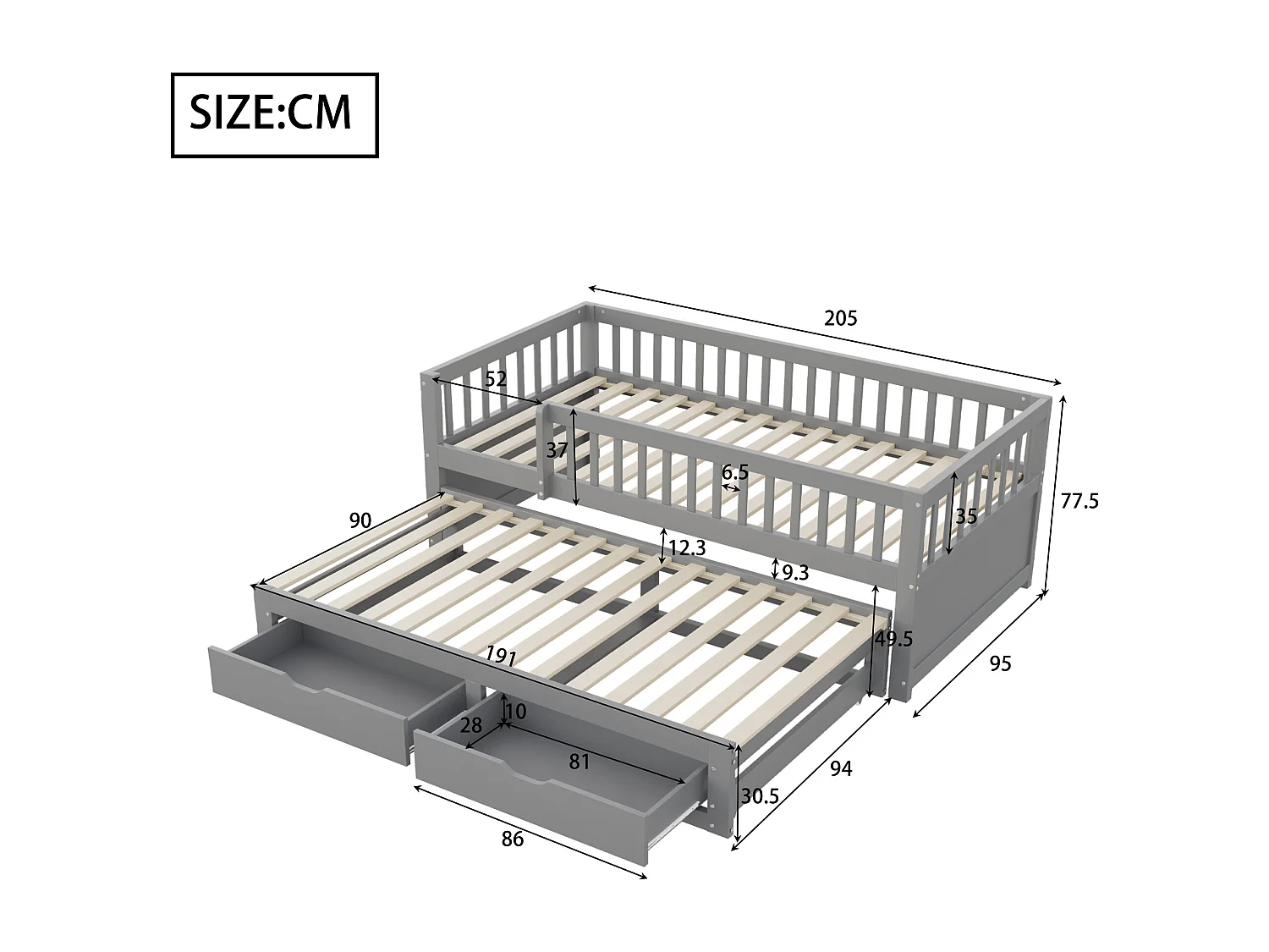 Uitschuifbed 90 x 200 cm - Kinderbed met 2 lades en uitvalbeveiliging - grijs hout