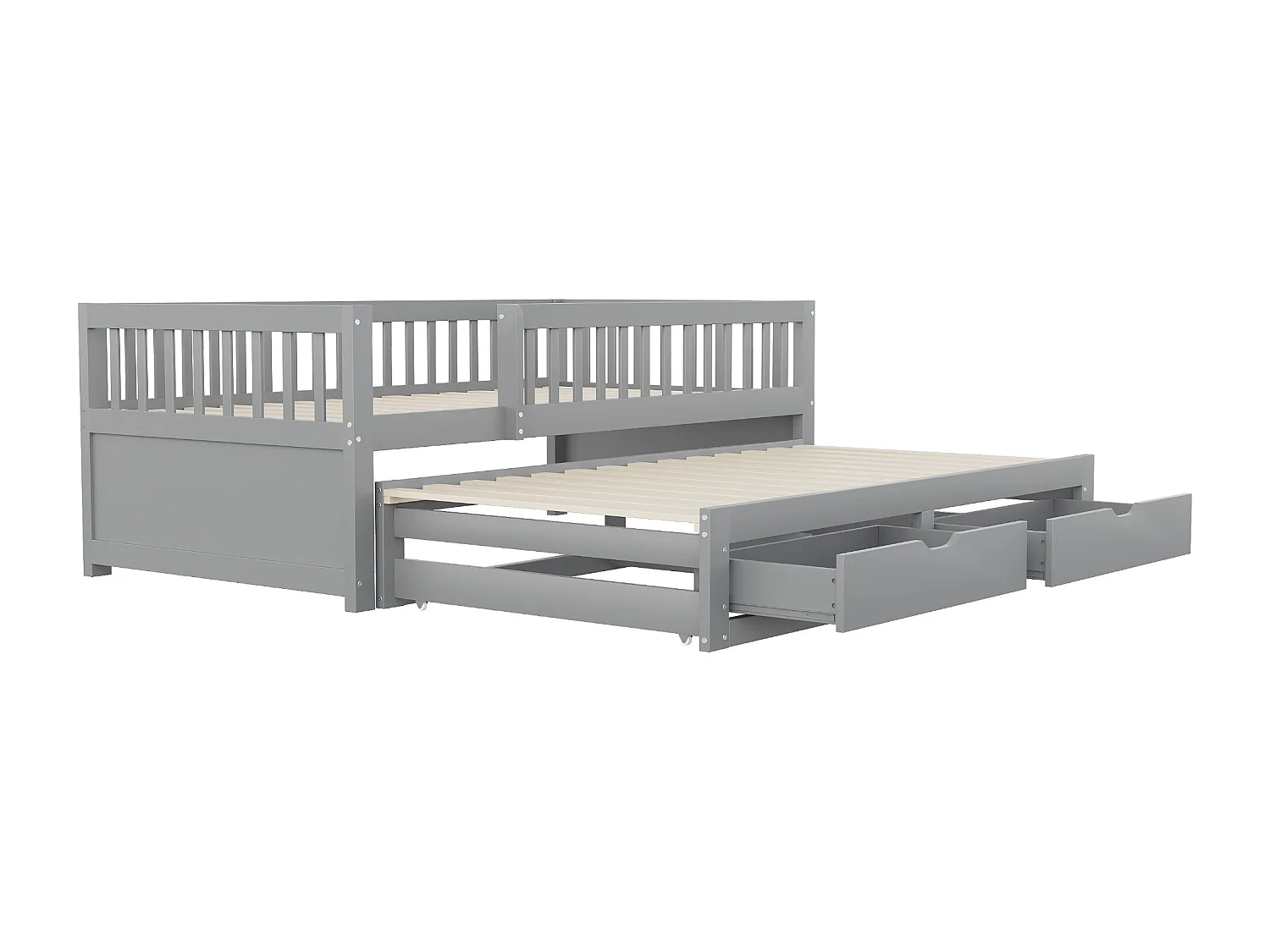 Uitschuifbed 90 x 200 cm - Kinderbed met 2 lades en uitvalbeveiliging - grijs hout