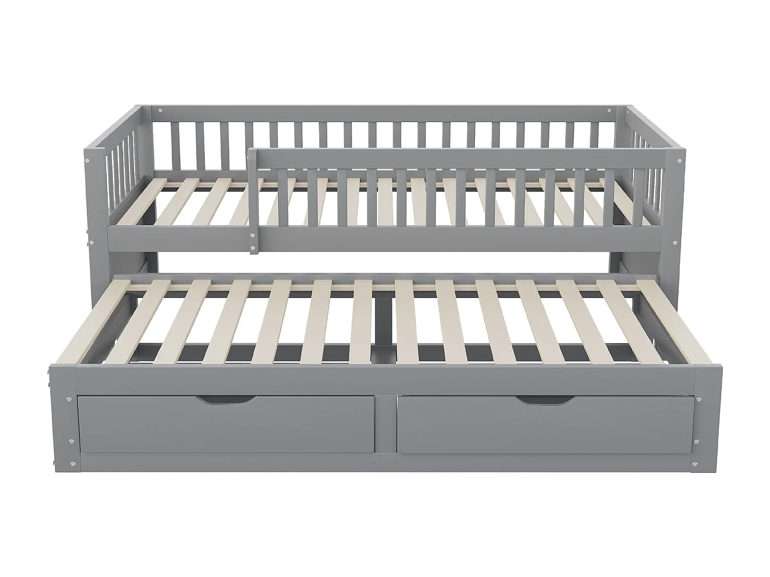 Uitschuifbed 90 x 200 cm - Kinderbed met 2 lades en uitvalbeveiliging - grijs hout