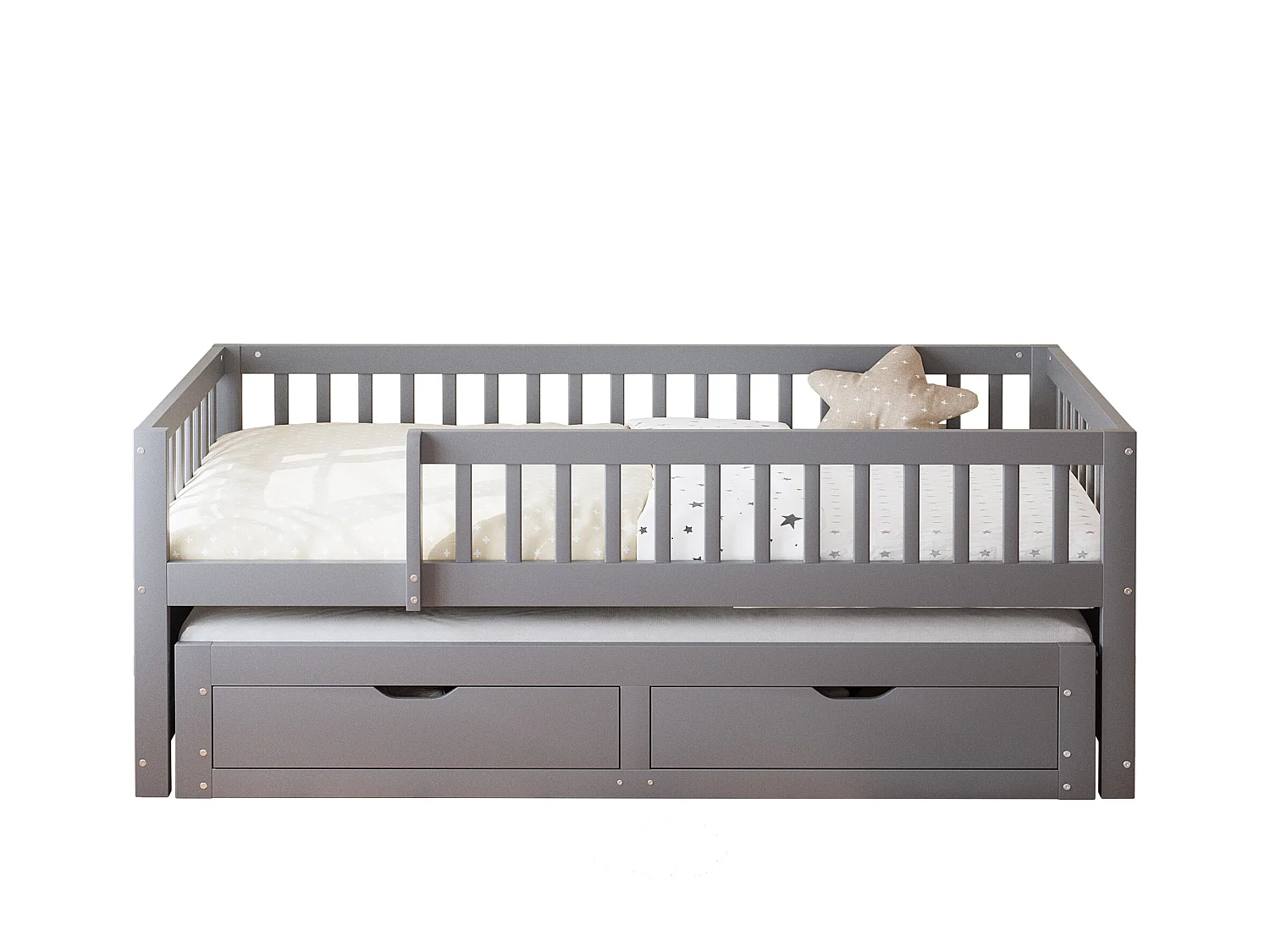 Uitschuifbed 90 x 200 cm - Kinderbed met 2 lades en uitvalbeveiliging - grijs hout