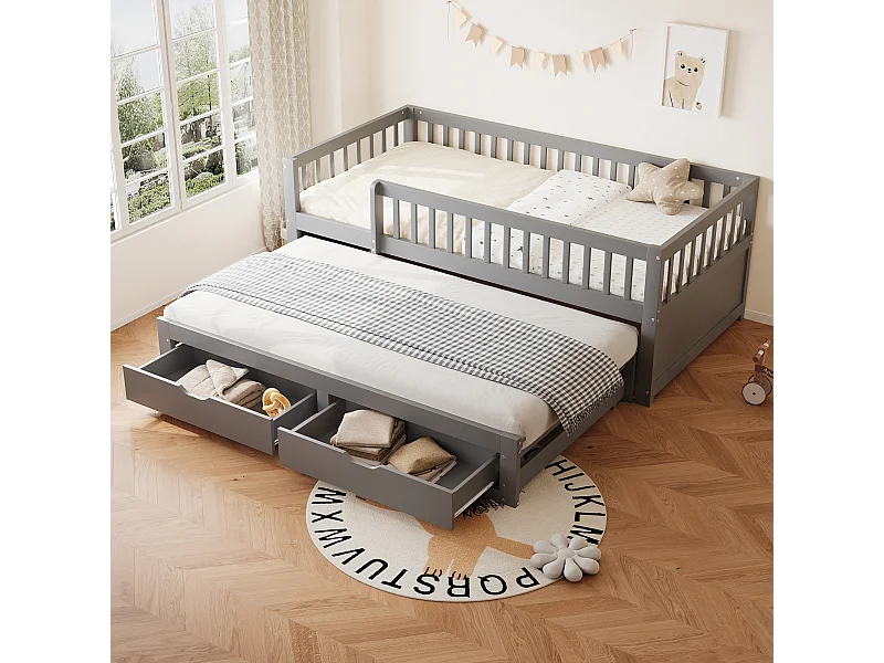 Uitschuifbed 90 x 200 cm - Kinderbed met 2 lades en uitvalbeveiliging - grijs hout