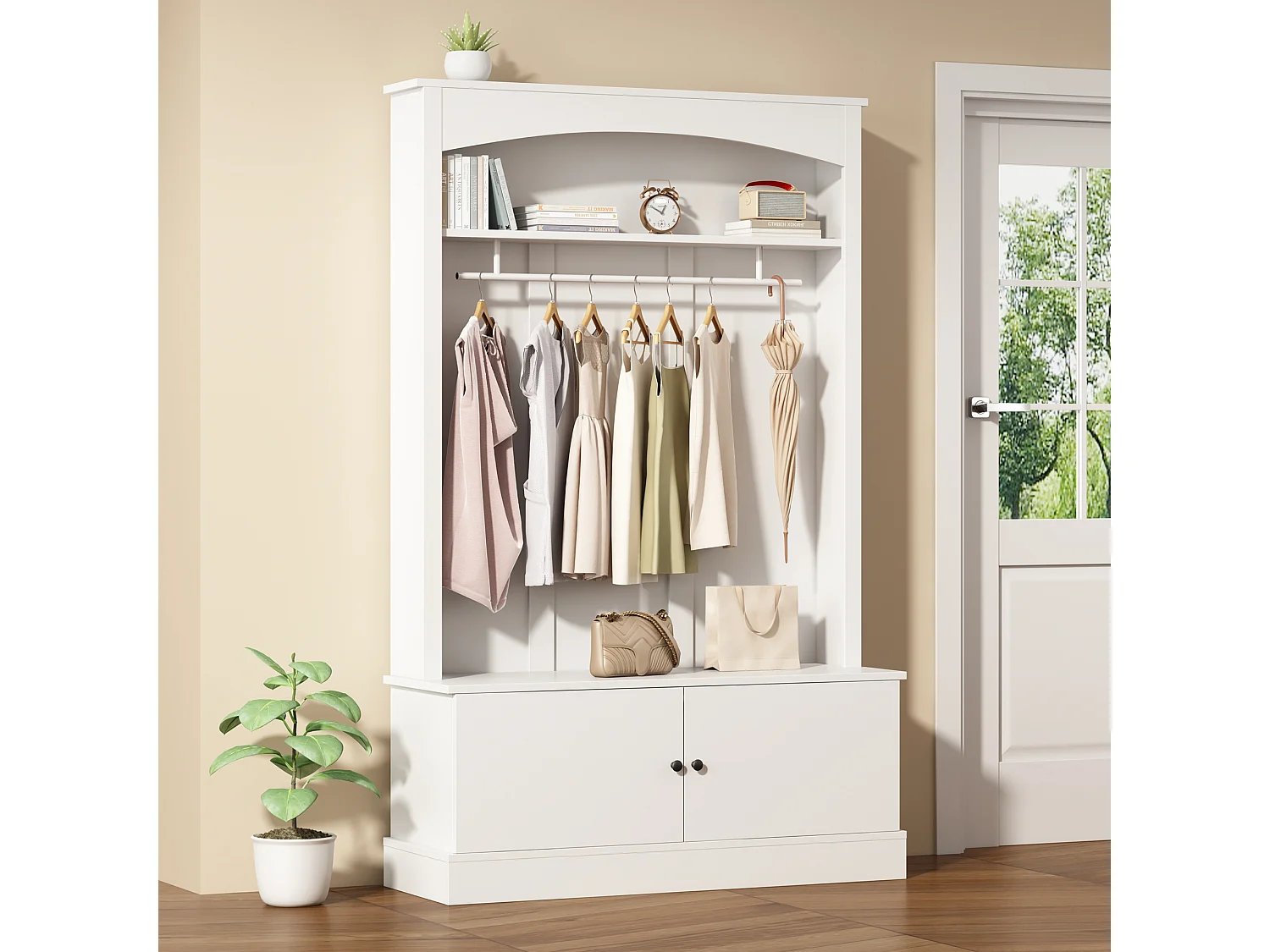 Porte manteau blanc à 2 portes - Vestiaire avec tringle à vêtements et étagères ouvertes - etagères réglables