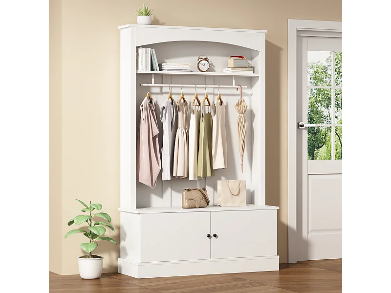 Porte manteau blanc à 2 portes - Vestiaire avec tringle à vêtements et étagères ouvertes - etagères réglables