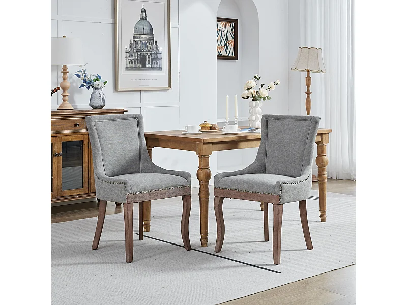 Lot de 2 chaises de salle à manger - Chaises de salle à manger avec dossier rembourré et clous bronze - gris