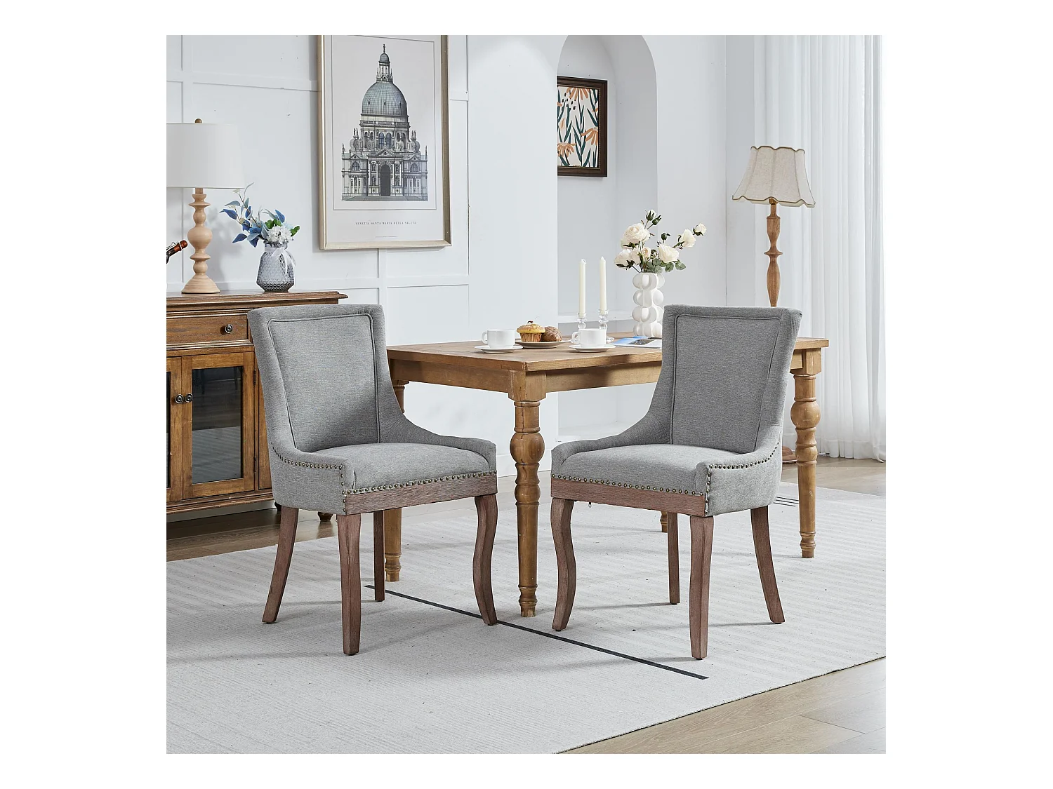 Lot de 2 chaises de salle à manger - Chaises de salle à manger avec dossier rembourré et clous bronze - gris