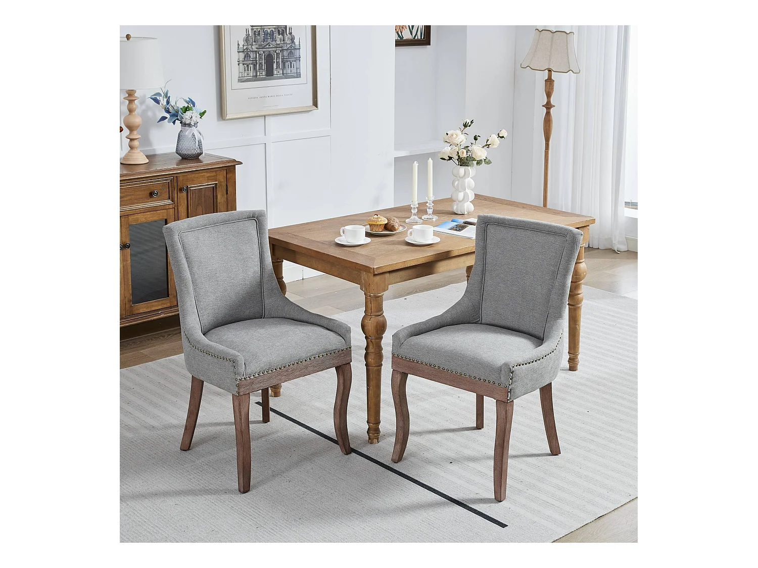 Lot de 2 chaises de salle à manger - Chaises de salle à manger avec dossier rembourré et clous bronze - gris