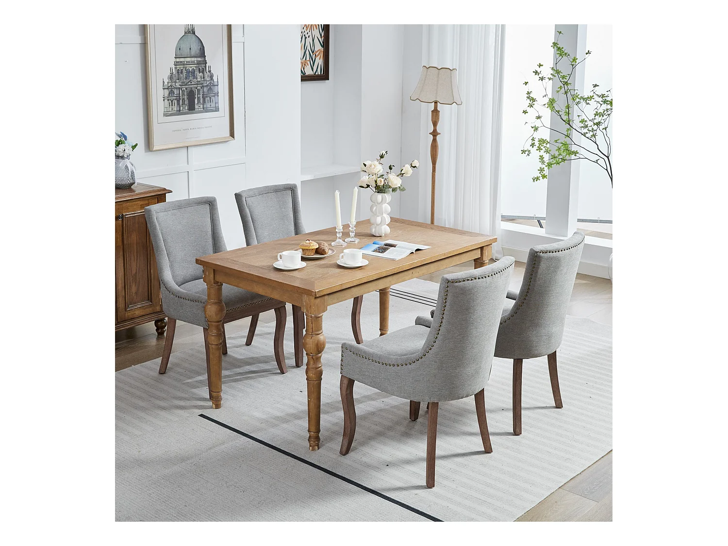 Lot de 2 chaises de salle à manger - Chaises de salle à manger avec dossier rembourré et clous bronze - gris