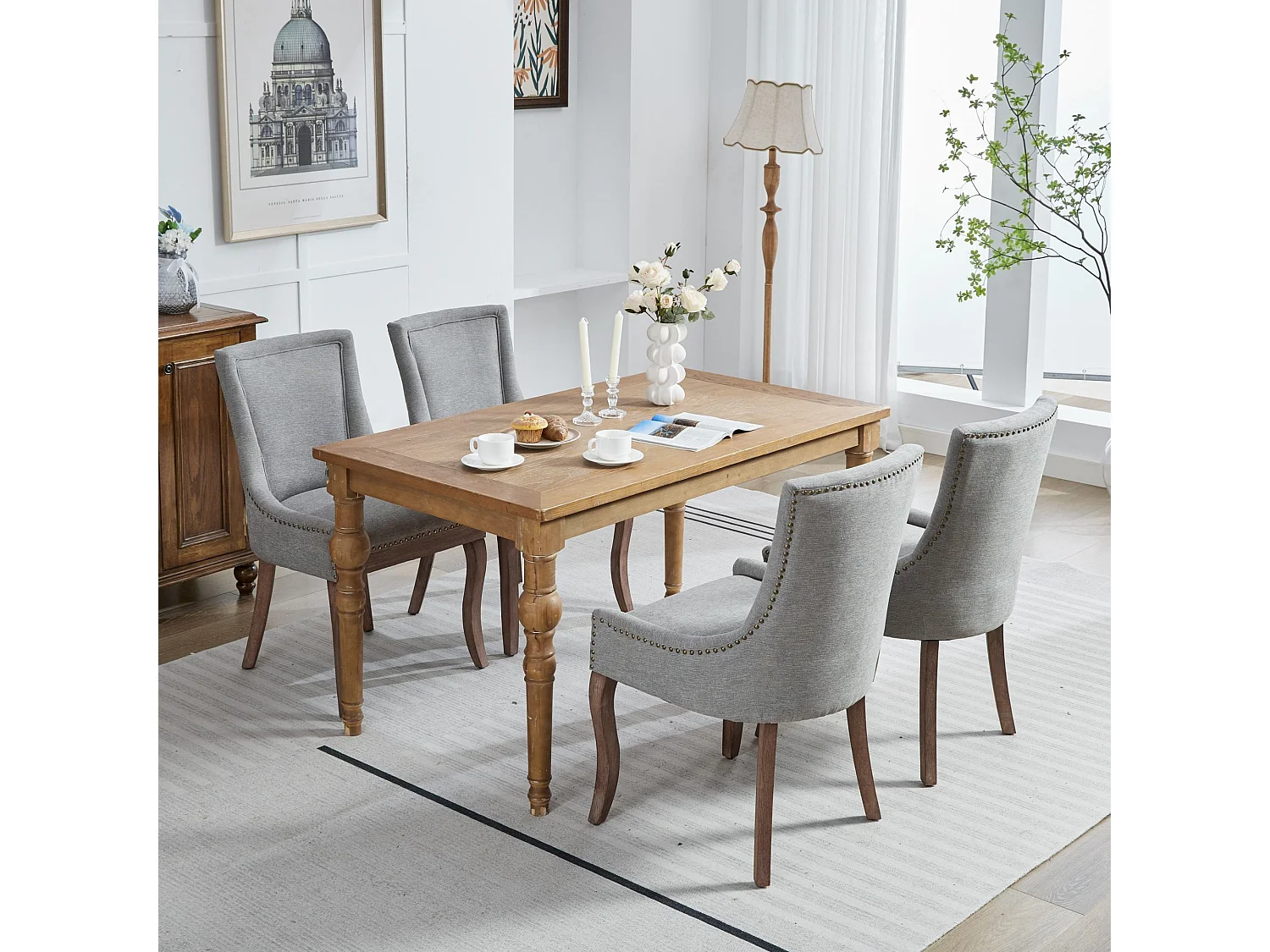 Set van 2 eetkamerstoelen - Eetkamerstoelen met gestoffeerde rugleuning en bronzen studs - grijs