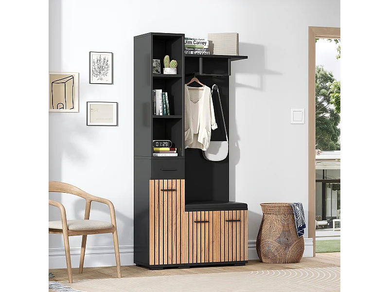 Porte-manteau noir et bois à 3 portes - Vestiaire avec 1 tiroir et 2 patères - penderie et rangement ouvert