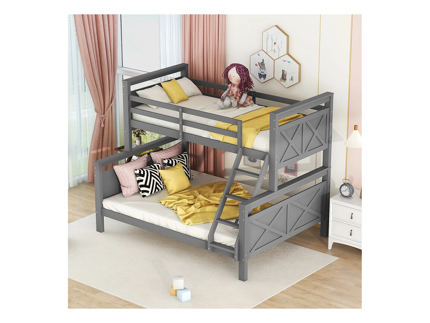 Stapelbedden 90 x 200 cm en 140 x 200 cm - Tienerbed met ladder en uitvalbeveiliging - grijs hout - matras niet inbegrepen