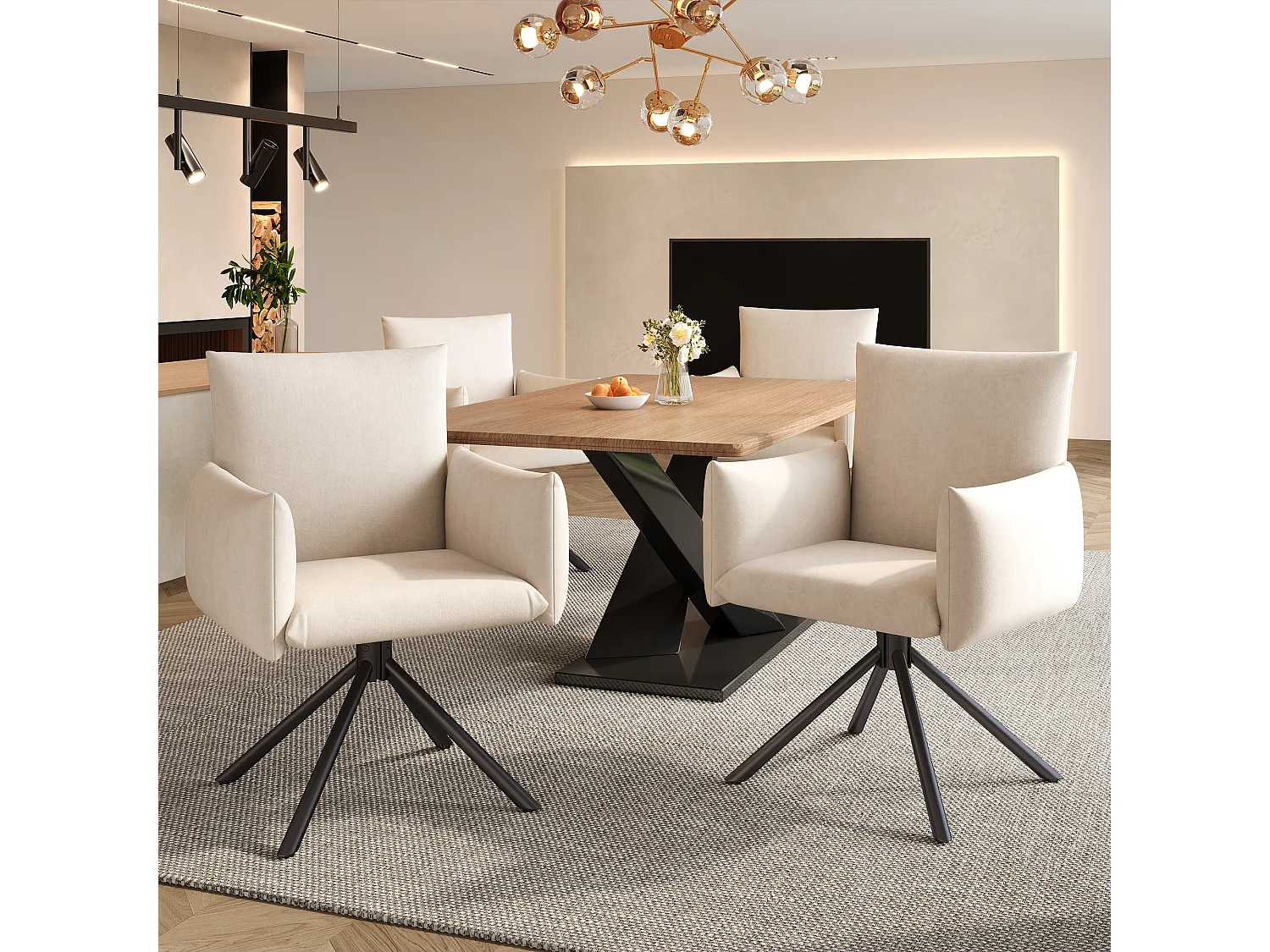 Set van 2 eetkamerstoelen - Stoel met armleuningen en 4 metalen poten - beige fluweel