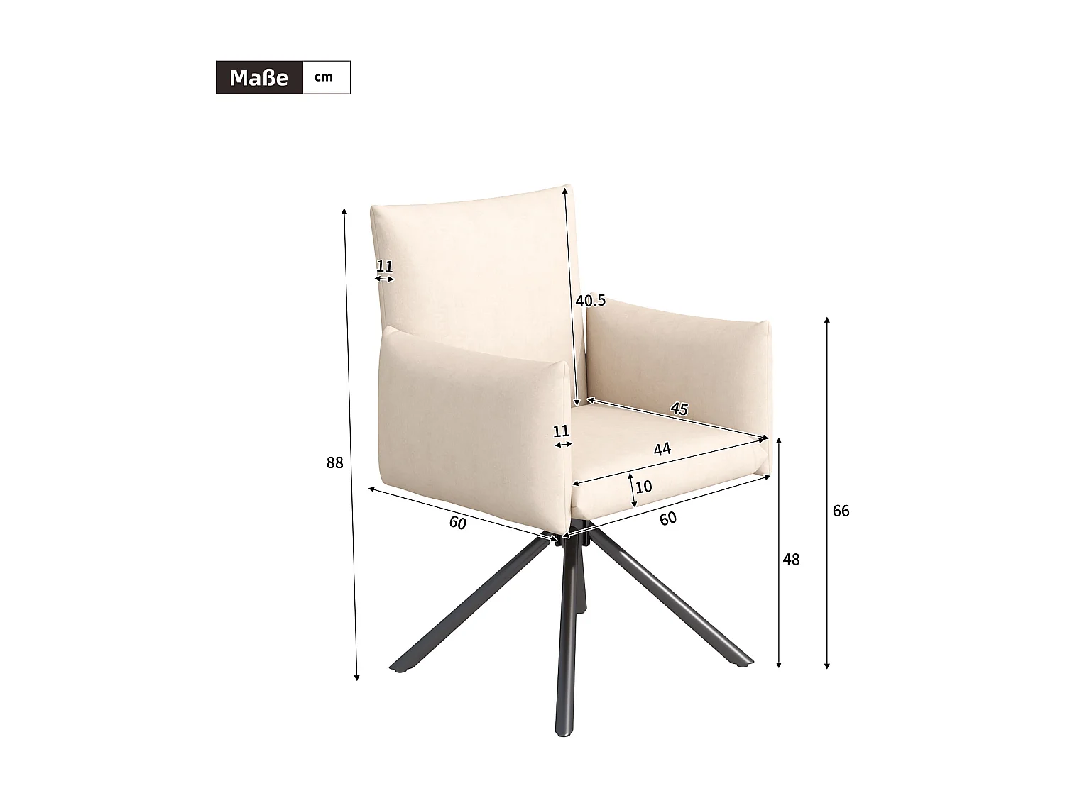 Set van 2 eetkamerstoelen - Stoel met armleuningen en 4 metalen poten - beige fluweel
