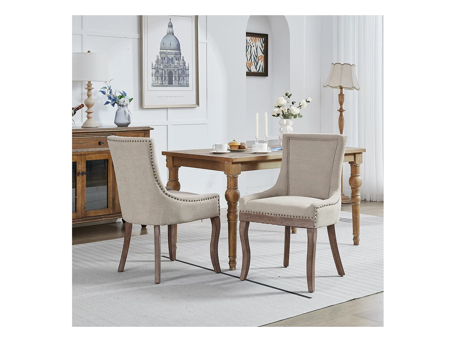 Lot de 2 chaises de salle à manger - Chaises de salle à manger avec dossier rembourré et clous bronze - beige