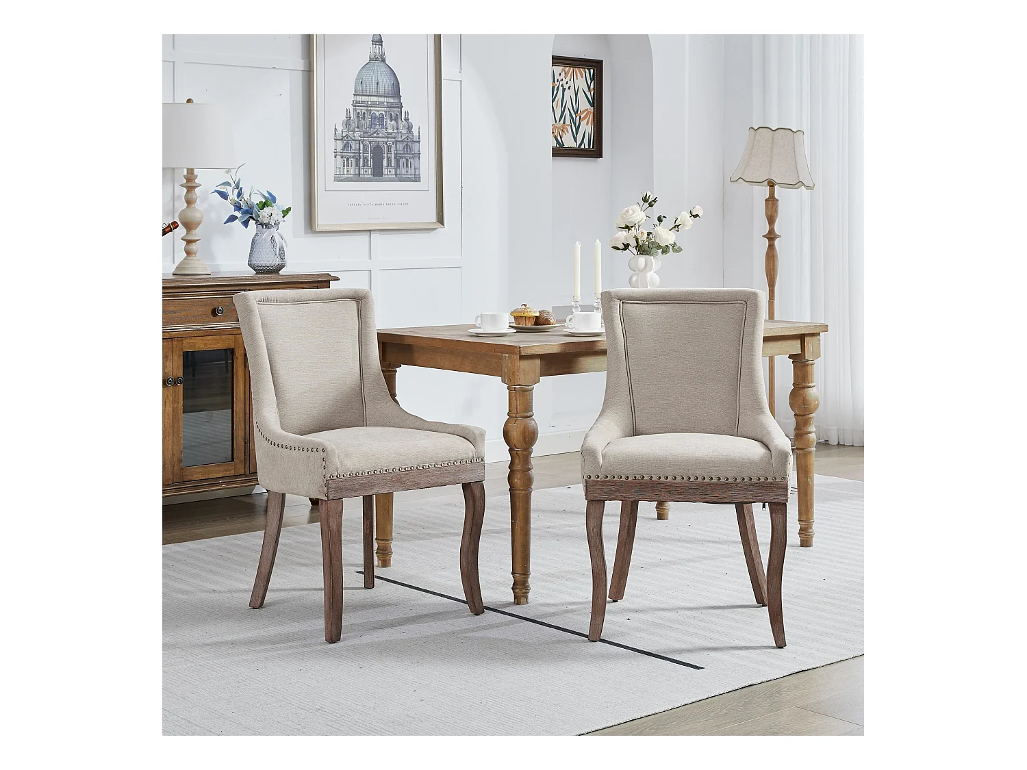 Lot de 2 chaises de salle à manger - Chaises de salle à manger avec dossier rembourré et clous bronze - beige